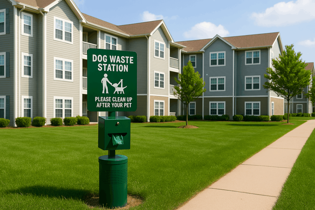 Commercial Pet Waste Removal Services in Raleigh, Durham & Beyond 1 Dog waste station with cleanup bags installed in front of a clean apartment complex lawn in Raleigh, NC