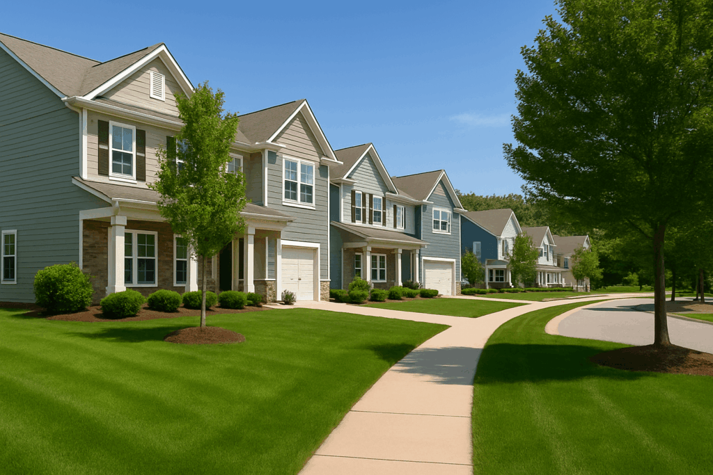 Commercial Pet Waste Removal Services in Raleigh, Durham & Beyond 2 Well-maintained suburban HOA neighborhood with manicured lawns and modern single-family homes under a clear blue sky.