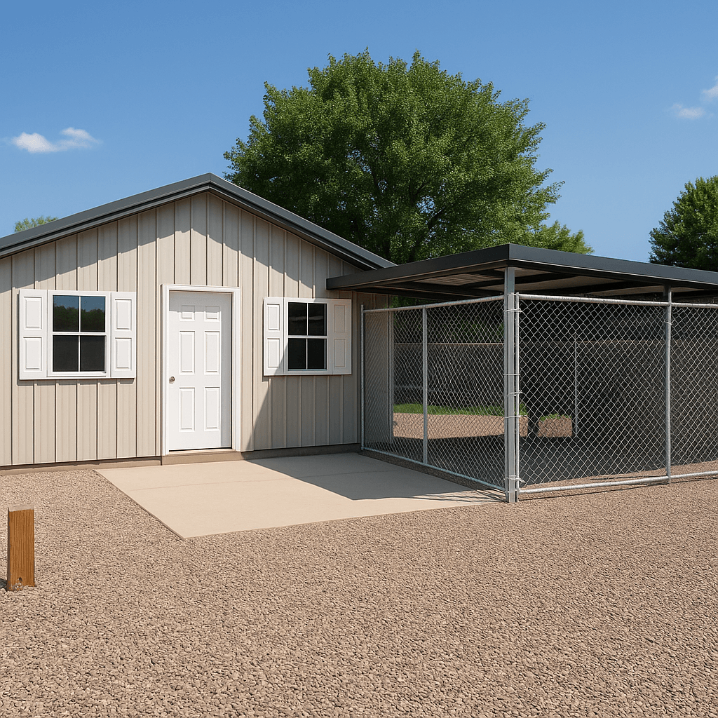 Commercial Pet Waste Removal Services in Raleigh, Durham & Beyond 3 Outdoor kennel facility with gravel yard, enclosed dog run, and tan siding under clear skies.