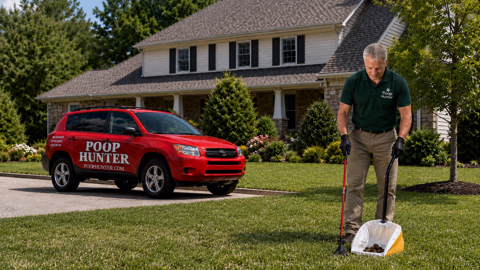Home 1 Poop Hunter pooper scooper service in Raleigh with branded vehicle and yard cleanup equipment
