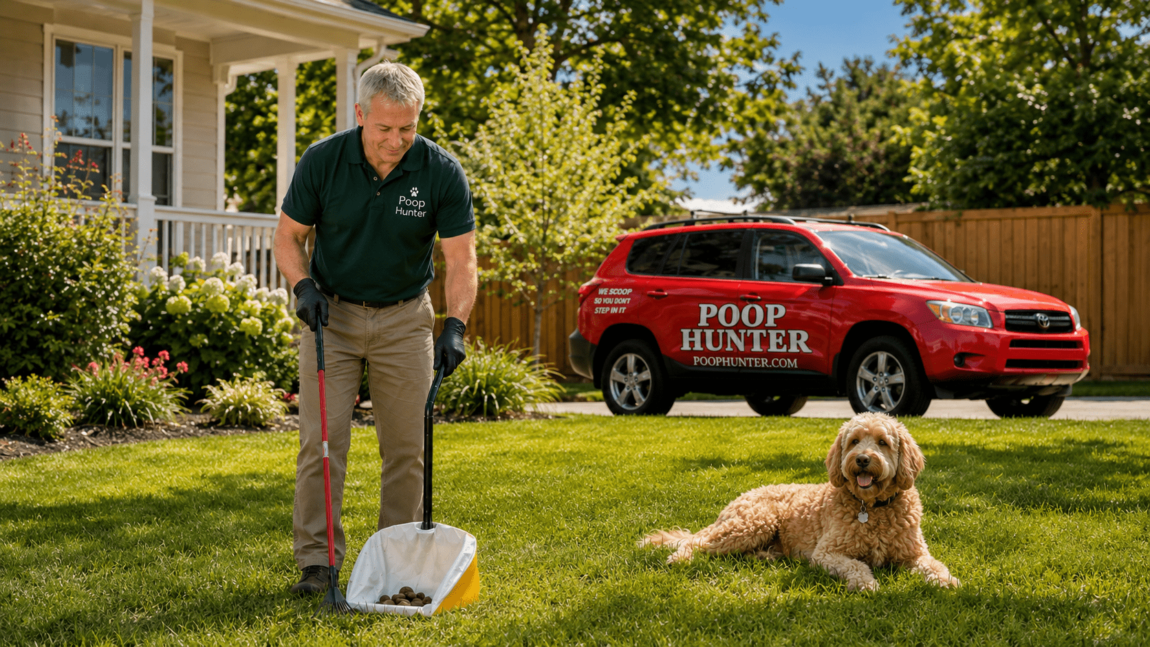 Raleigh Pooper Scooper 1 Poop Hunter pooper scooper service in a Raleigh yard with branded vehicle and cleanup tools