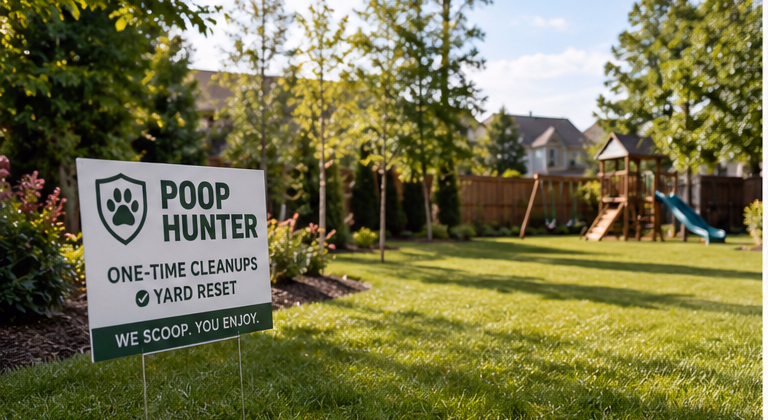 Raleigh Pooper Scooper 3 Poop Hunter one-time cleanup sign in a clean residential backyard in Raleigh